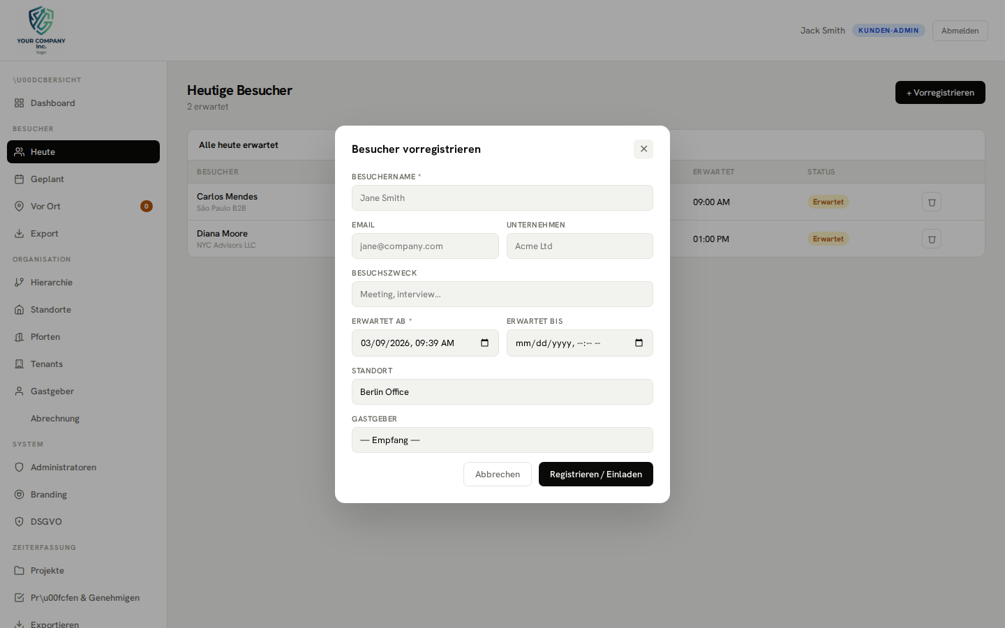 Pre-registration — new visit modal
