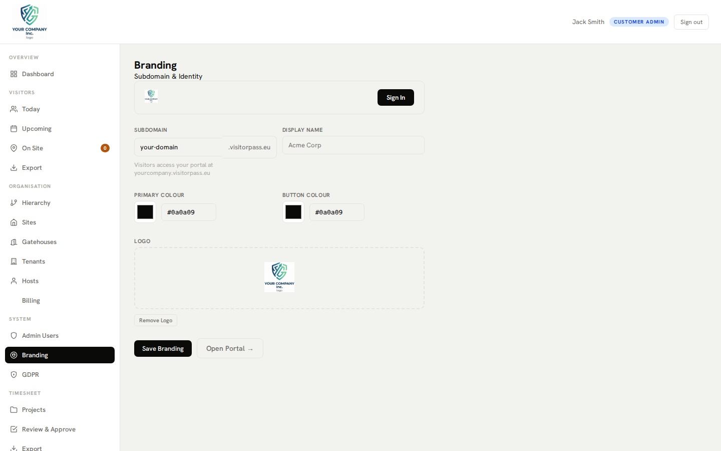 Branding settings — custom logo and colour configuration