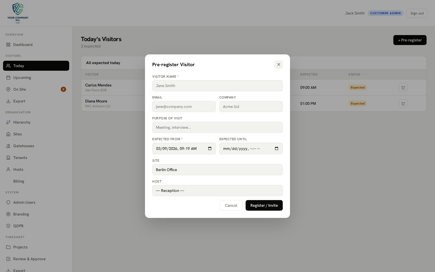 Pre-registration — new visit modal