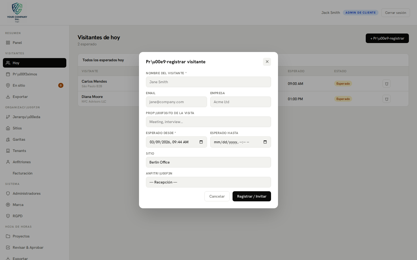 Pre-registration — new visit modal