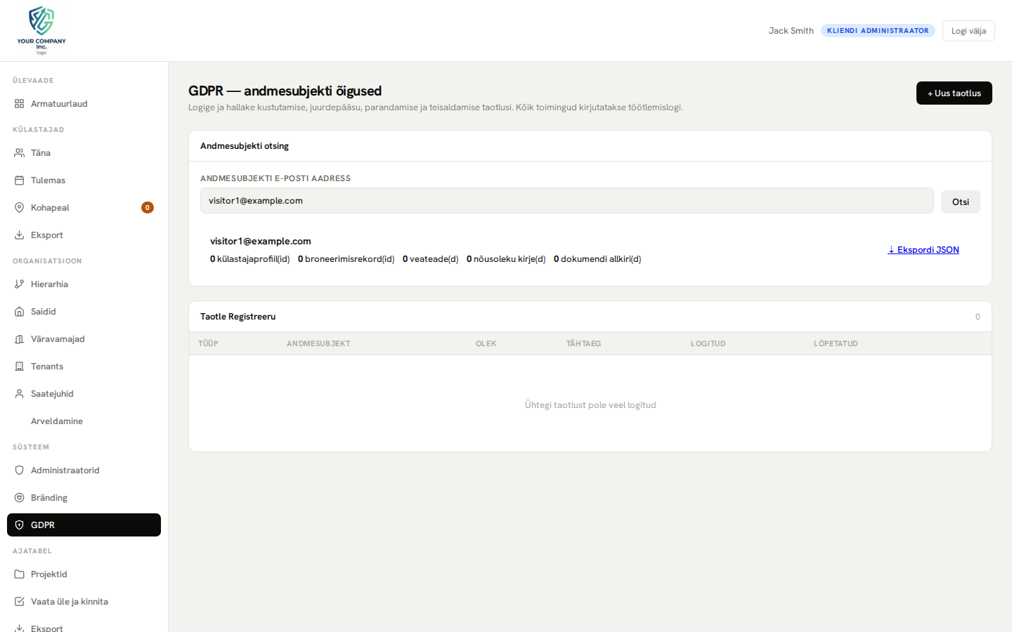 GDPR-i administraatoripaneel – andmete otsing, kustutamine ja auditi logi