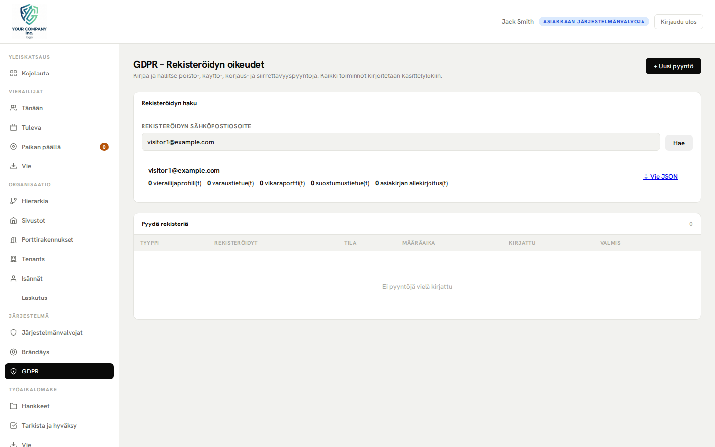 GDPR-hallintapaneeli — tietojen haku, poistaminen ja tarkastusloki