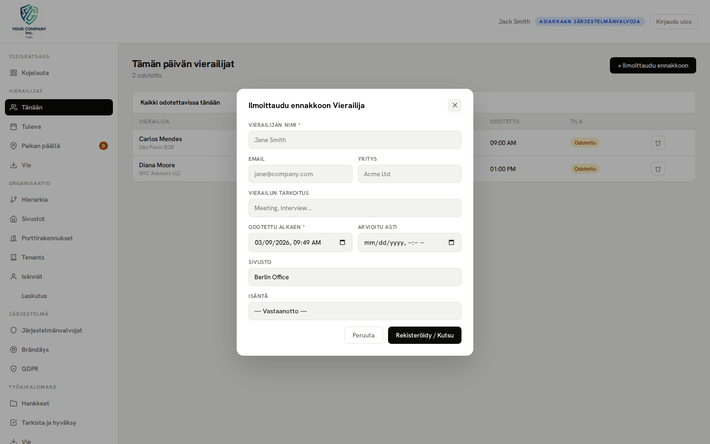 Pre-registration — new visit modal