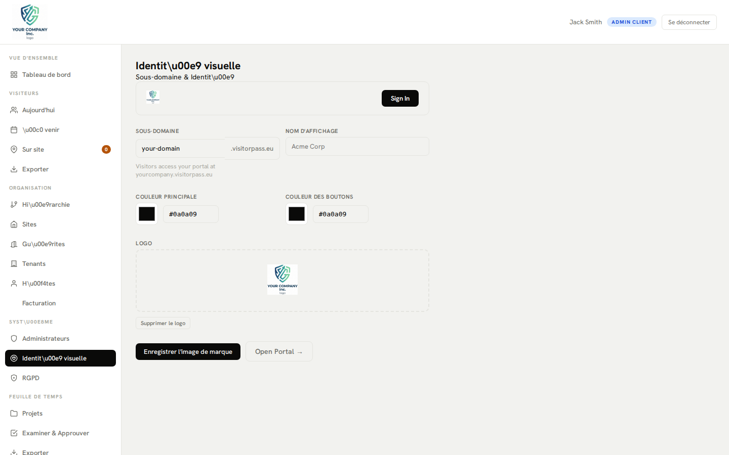 Paramètres de marque – logo personnalisé et configuration des couleurs