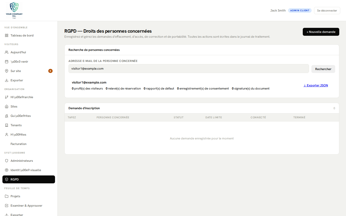 Panneau d'administration RGPD : recherche de données, effacement et journal d'audit