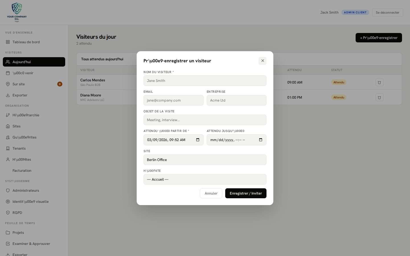 Pre-registration — new visit modal