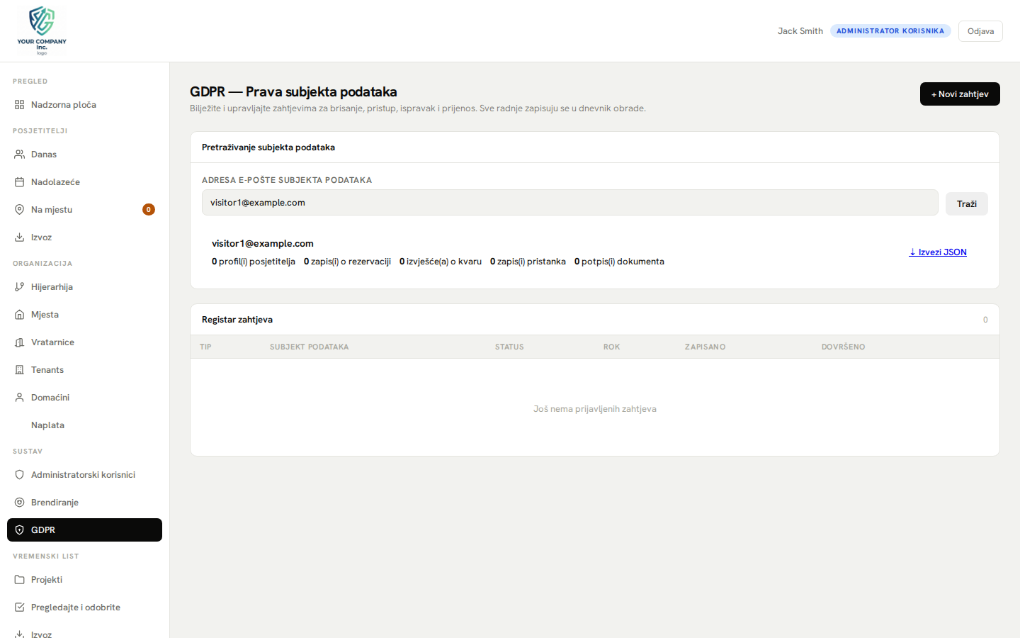 Administratorska ploča GDPR-a — pretraga podataka, brisanje i revizijski dnevnik