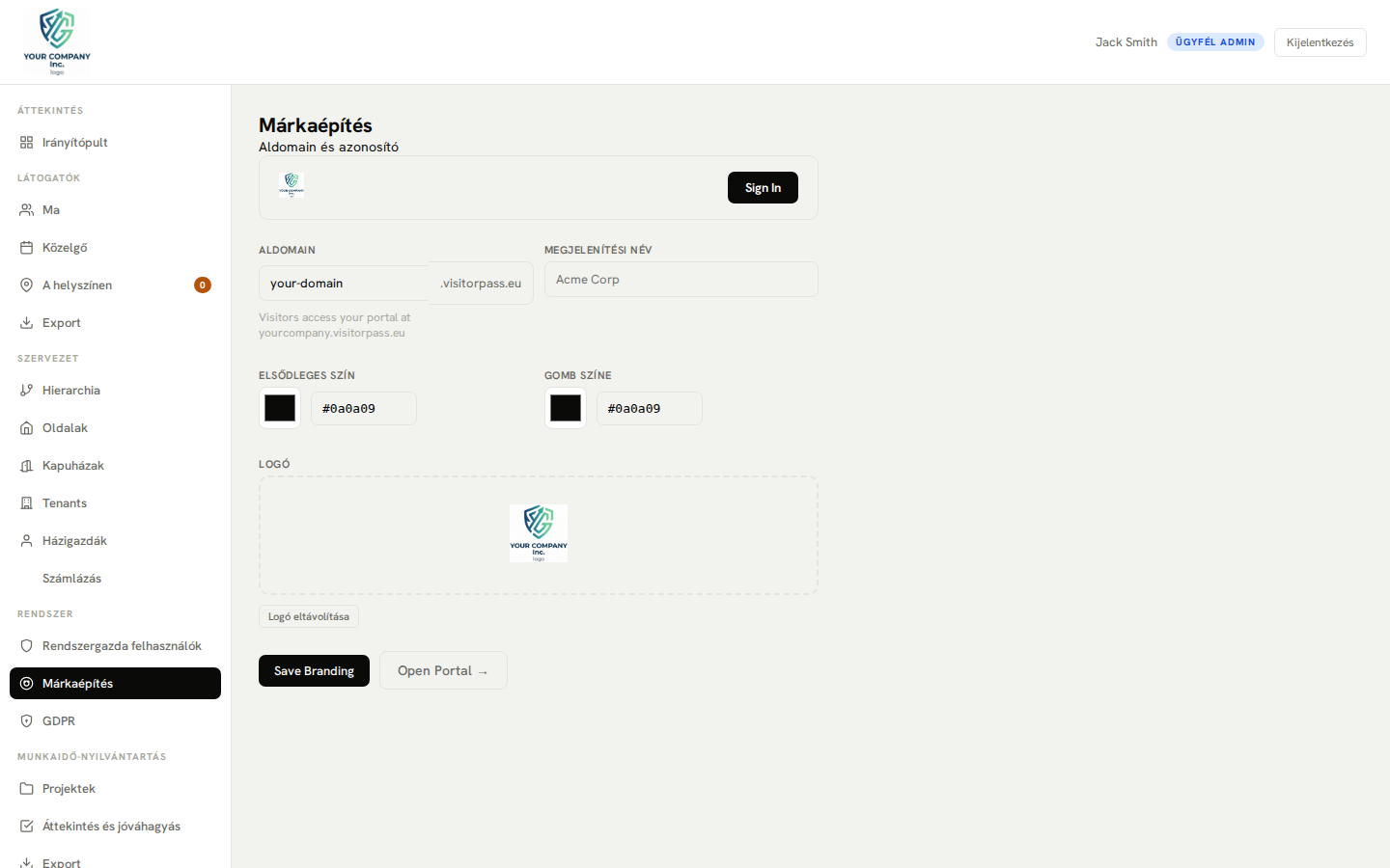 Márkabeállítások – egyéni logó és színkonfiguráció