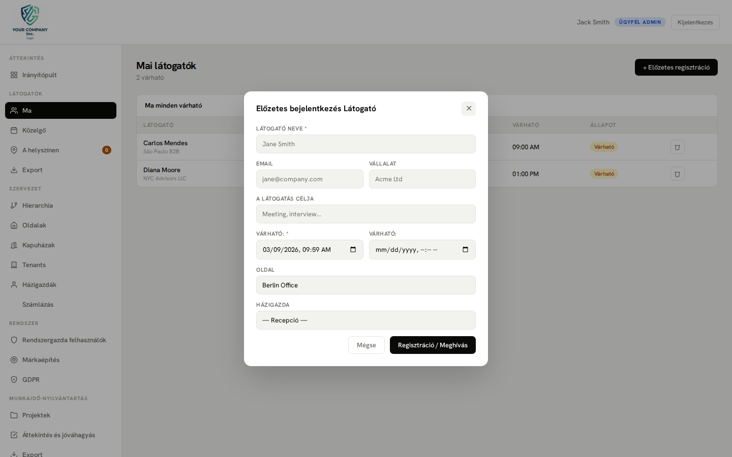 Pre-registration — new visit modal