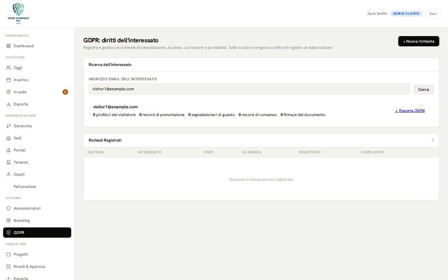 Pannello di amministrazione GDPR: ricerca, cancellazione e registro di controllo dei dati