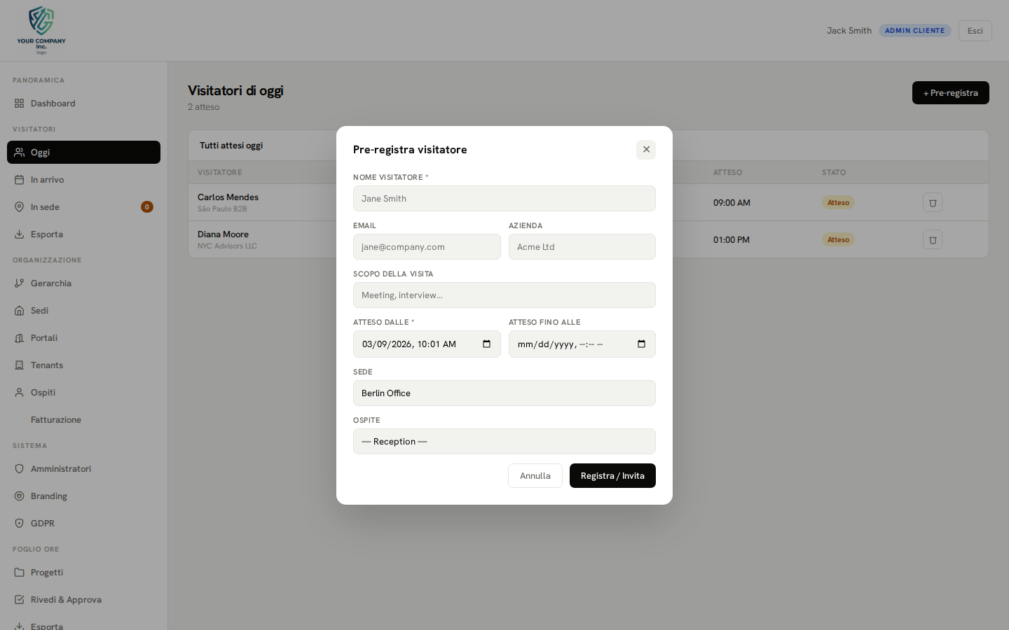 Pre-registration — new visit modal