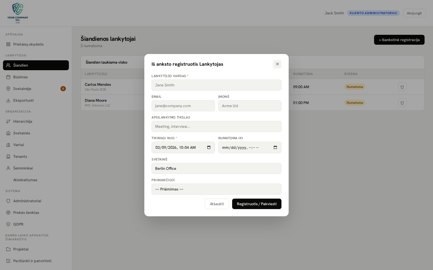 Pre-registration — new visit modal