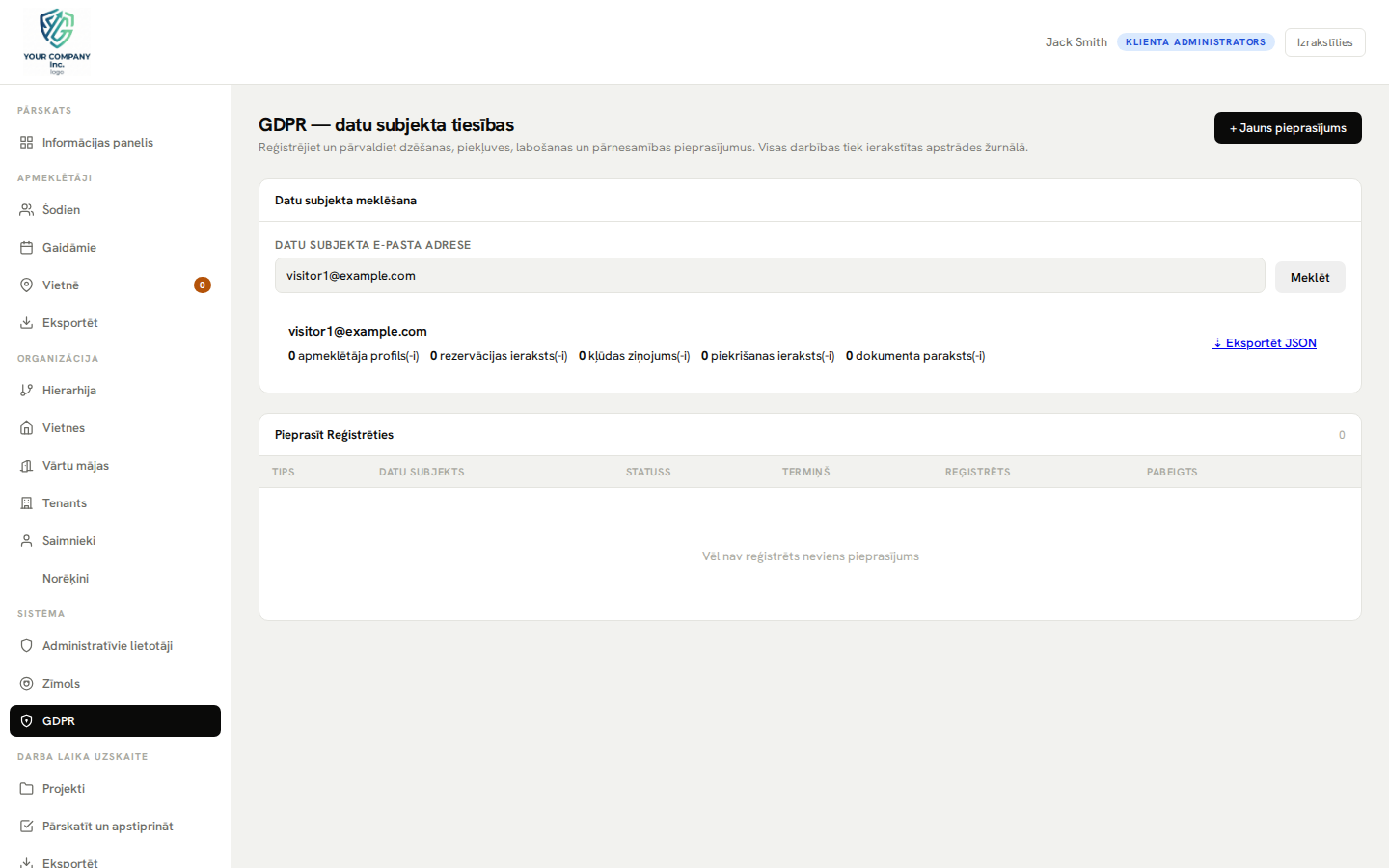 GDPR administratora panelis — datu meklēšana, dzēšana un audita žurnāls