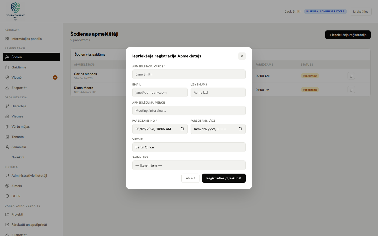Pre-registration — new visit modal