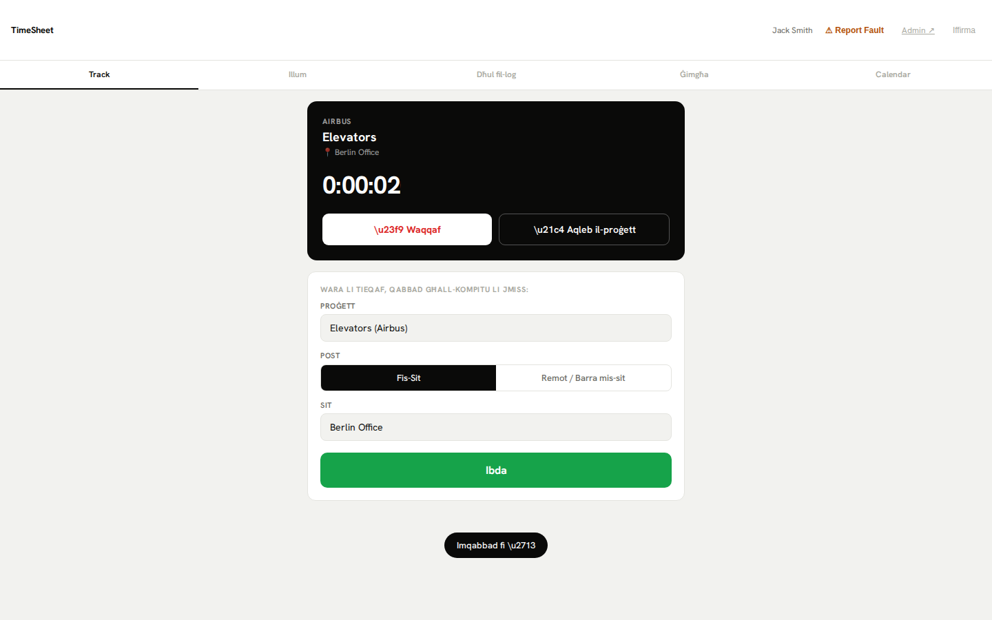 Timesheet — impjegat clock-in / clock-out