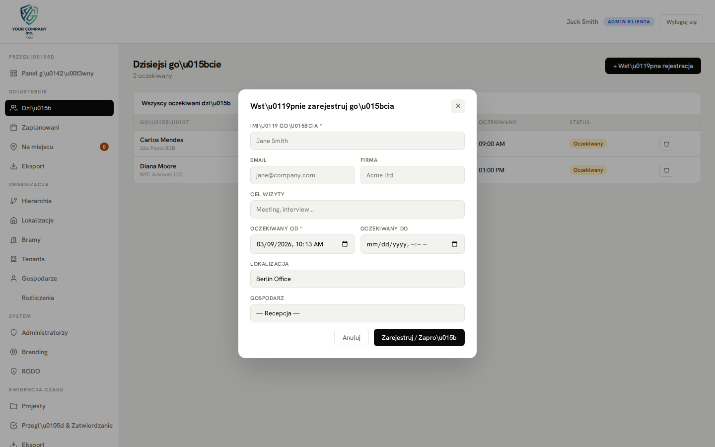 Pre-registration — new visit modal