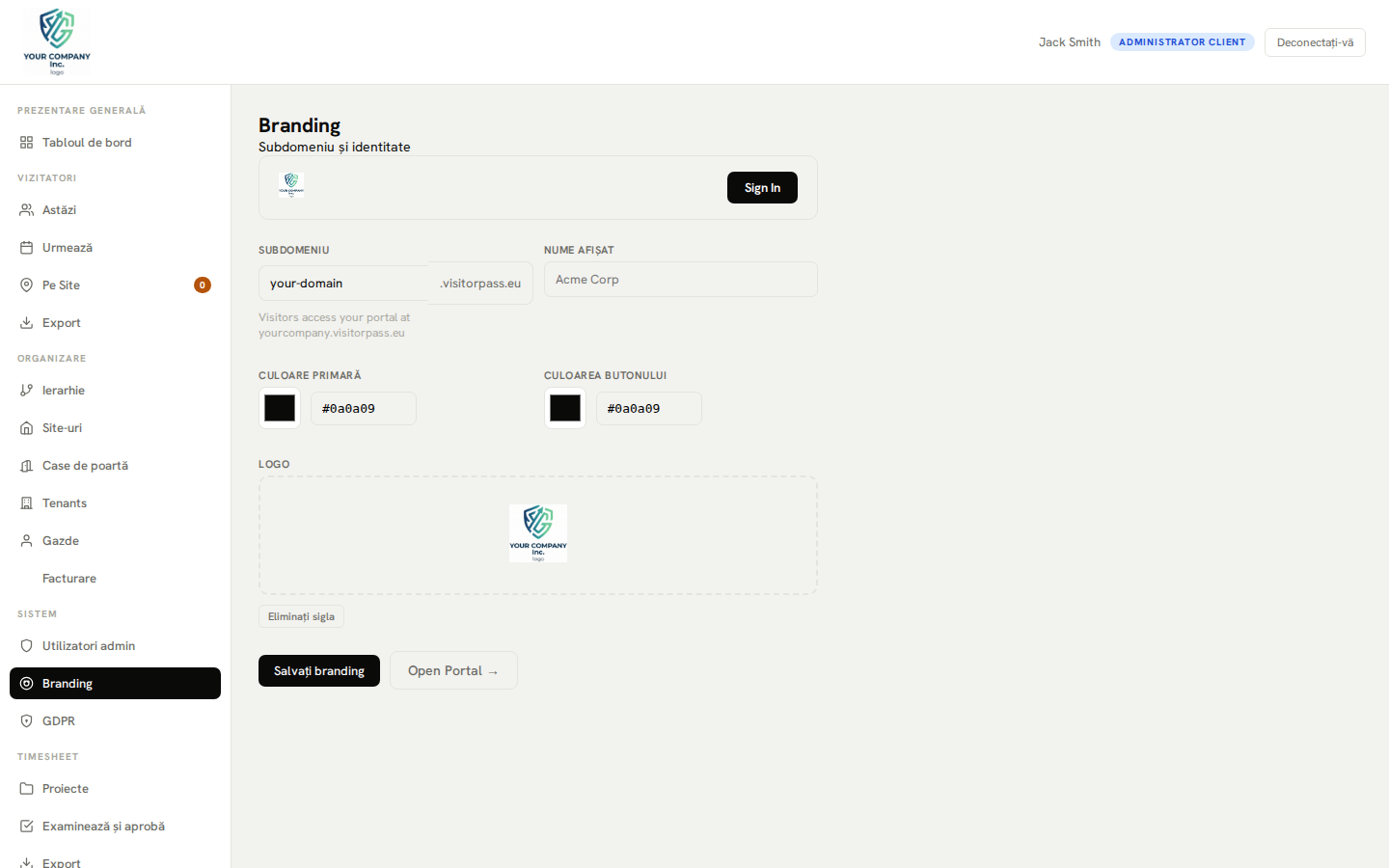 Setări de branding — logo personalizat și configurație de culoare