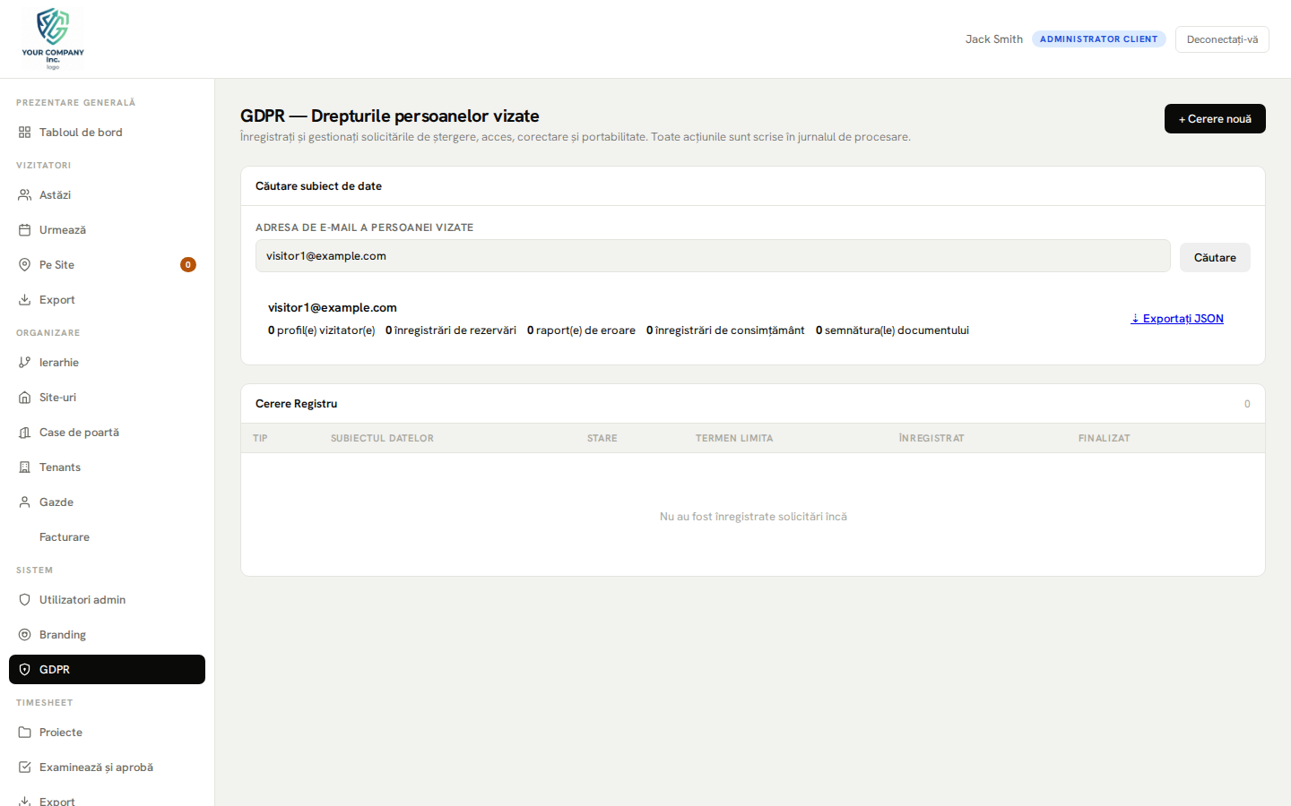 Panoul de administrare GDPR - căutare de date, ștergere și jurnal de audit