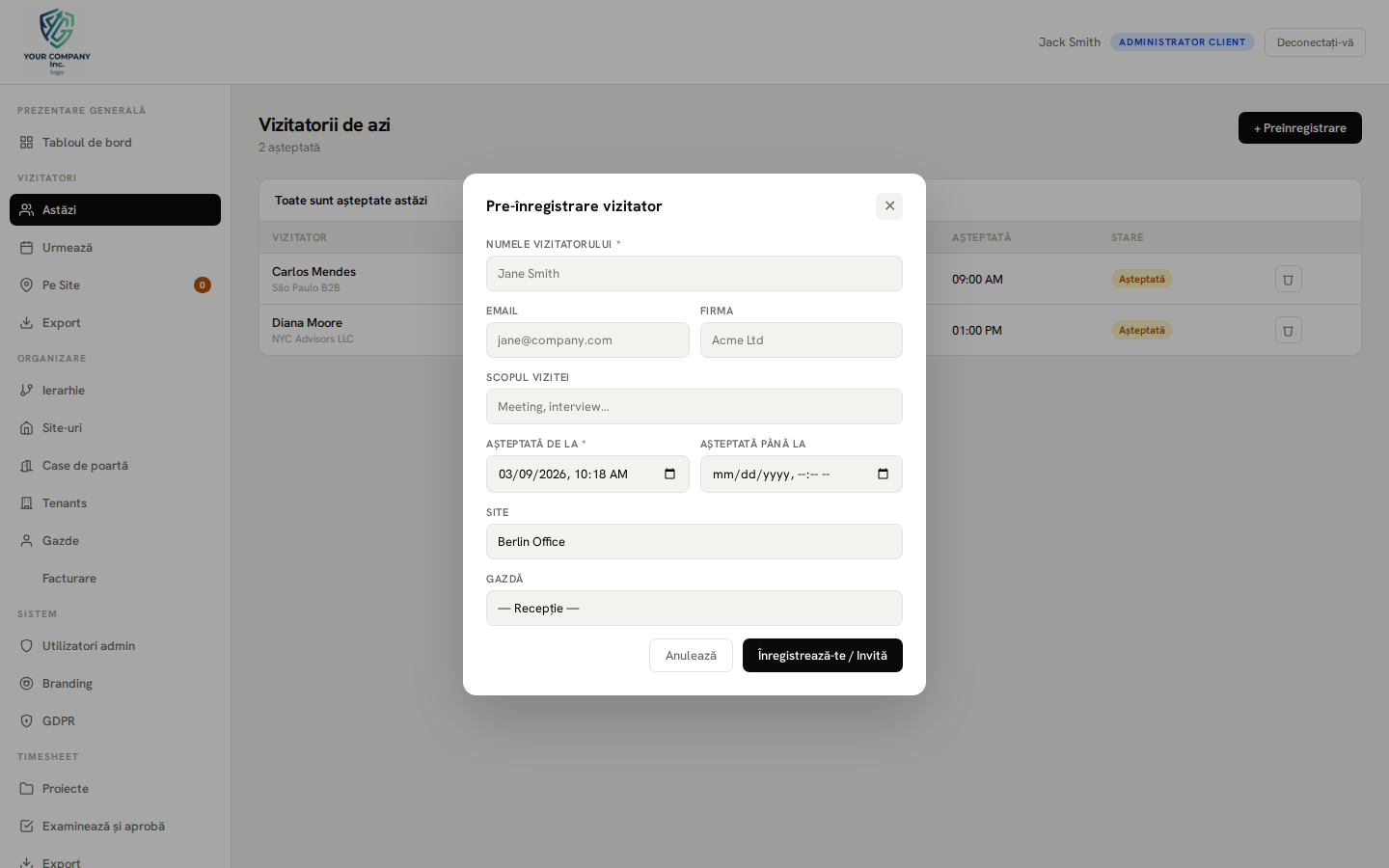 Pre-registration — new visit modal