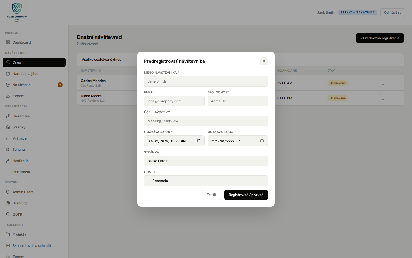 Pre-registration — new visit modal