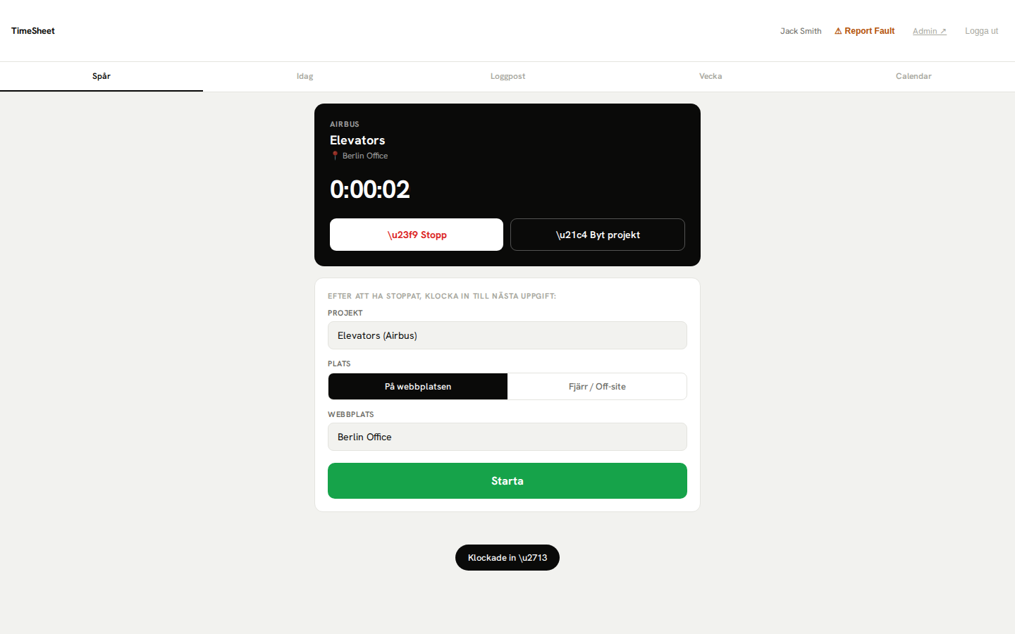 Tidrapport — anställd klocka in/klocka ut